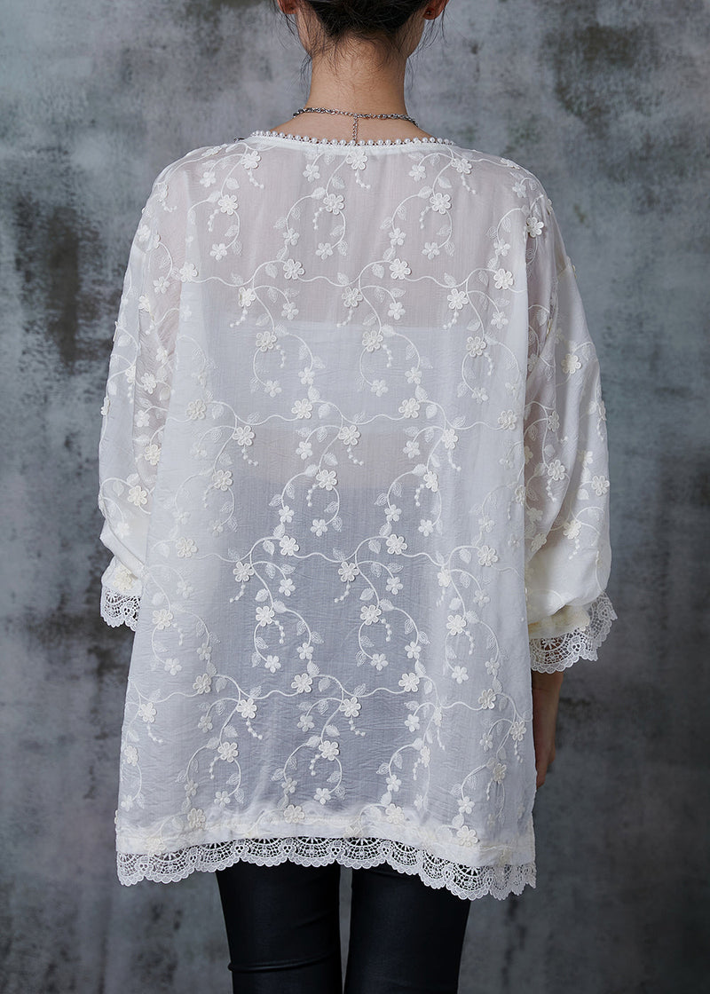 White Embroidered Zircon Cotton Shirt Tops Summer