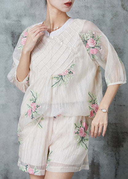 White Embroidered Silk Oriental Two Pieces Set Summer