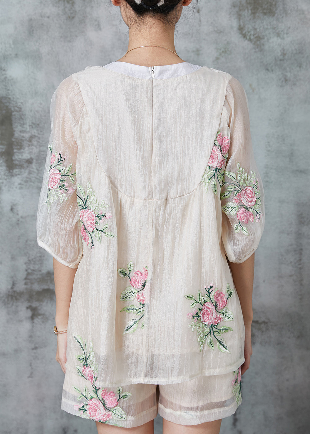 White Embroidered Silk Oriental Two Pieces Set Summer