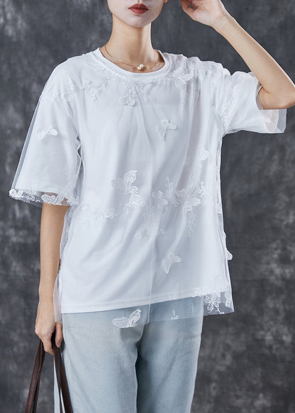White Embroidered Butterfly Tulle Tanks Top Summer