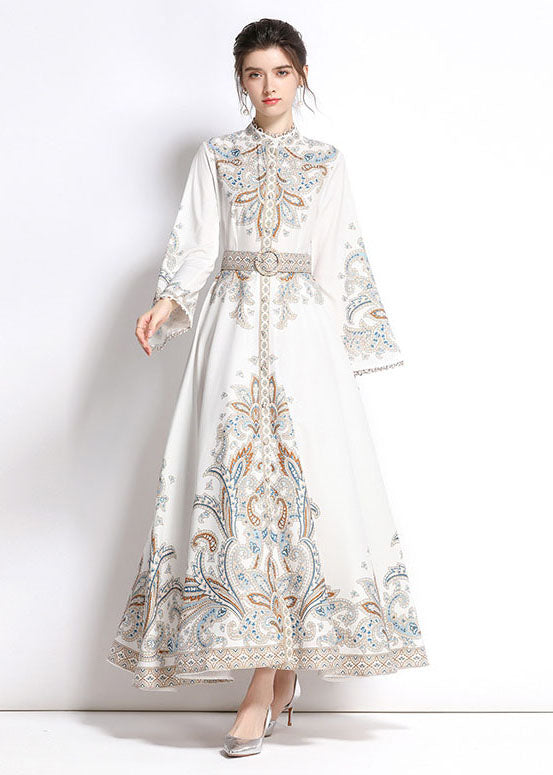 White Embroideried Patchwork Cotton Exra Large Hem Long Dresses Flare Sleeve