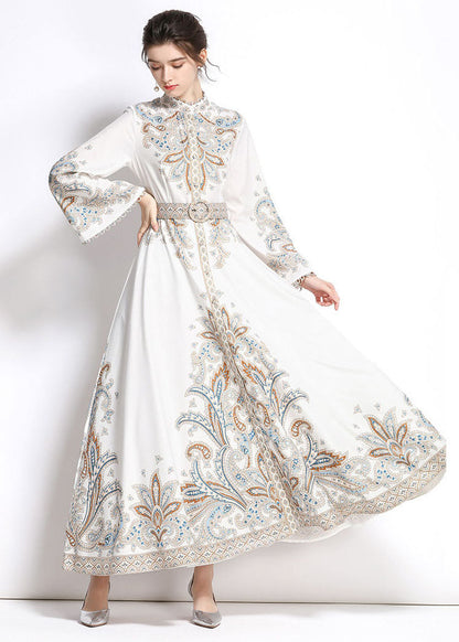 White Embroideried Patchwork Cotton Exra Large Hem Long Dresses Flare Sleeve