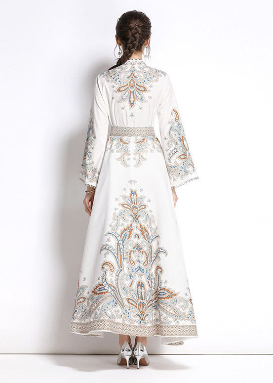 White Embroideried Patchwork Cotton Exra Large Hem Long Dresses Flare Sleeve
