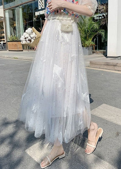 White Feathers Embroidered Elastic Waist Tulle Skirt Summer