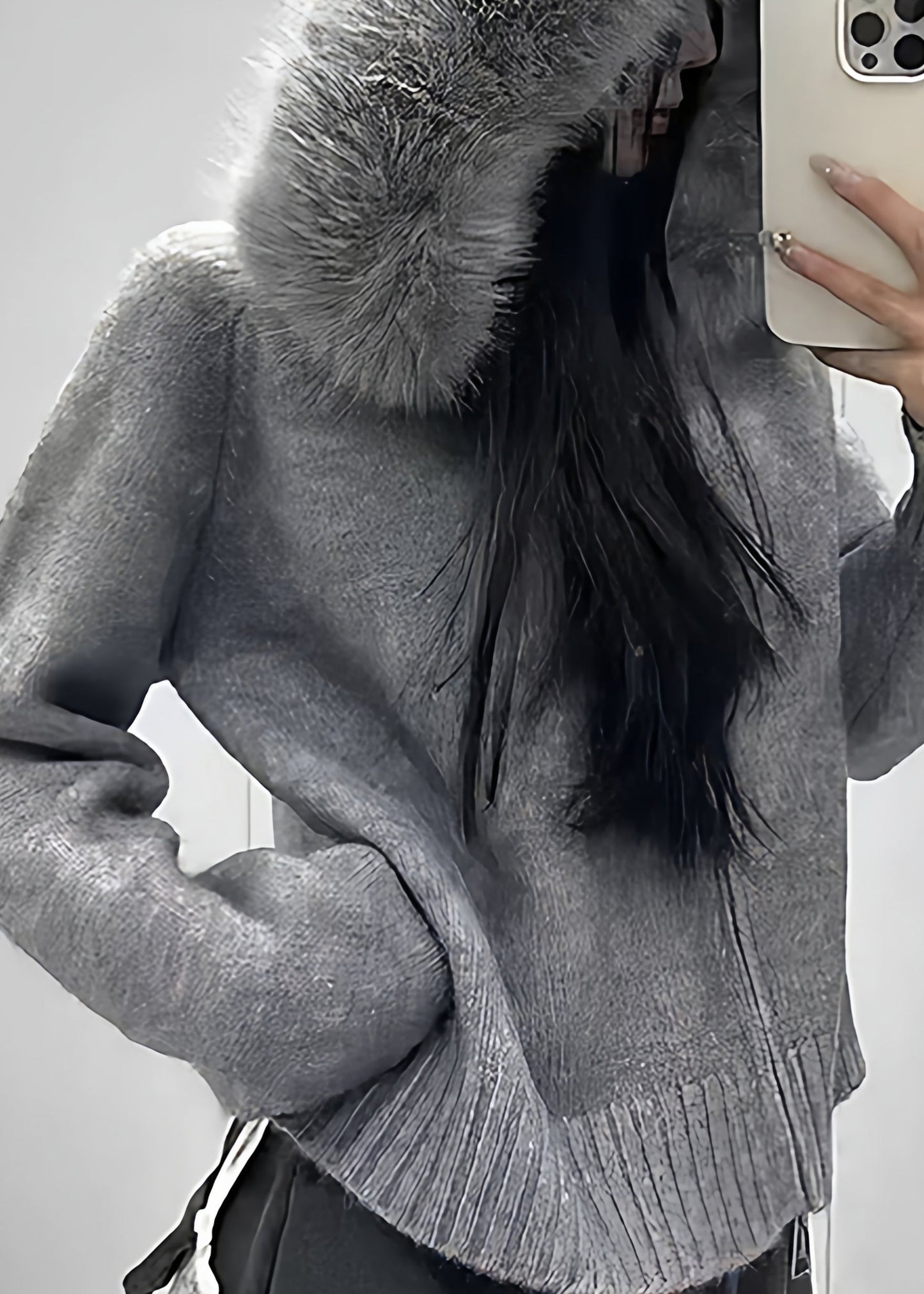 White Fur Collar Zippered Knit Coats Winter
