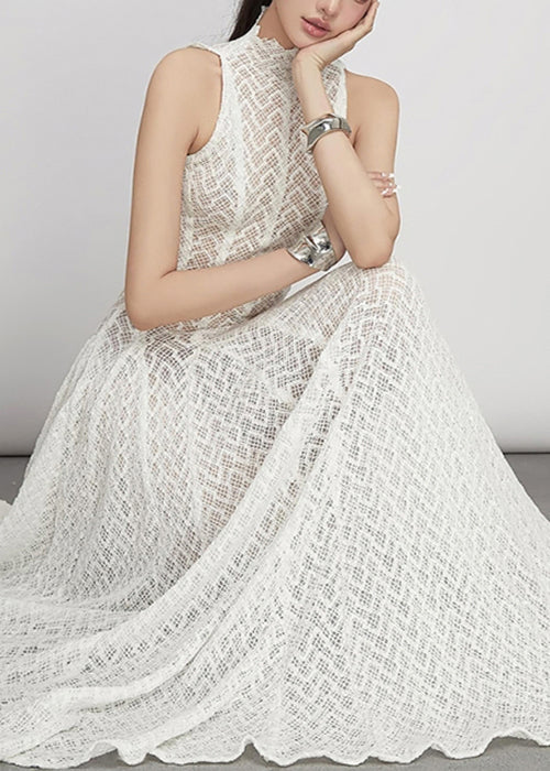 White Hollow Out Lace Maxi Dress Sleeveless