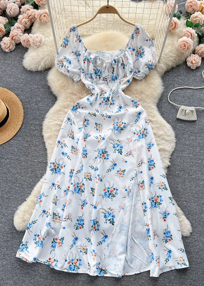 White Lace Up High Waist Cotton Dresses Short Sleeve