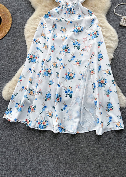 White Lace Up High Waist Cotton Dresses Short Sleeve
