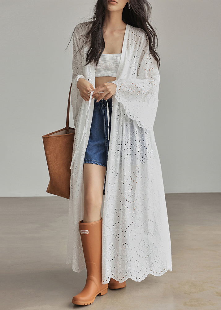 White Lace Up Hollow Out Cotton Dresses Flare Sleeve