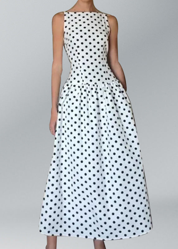 White O Neck Dot Print Cotton Long Dresses Sleeveless