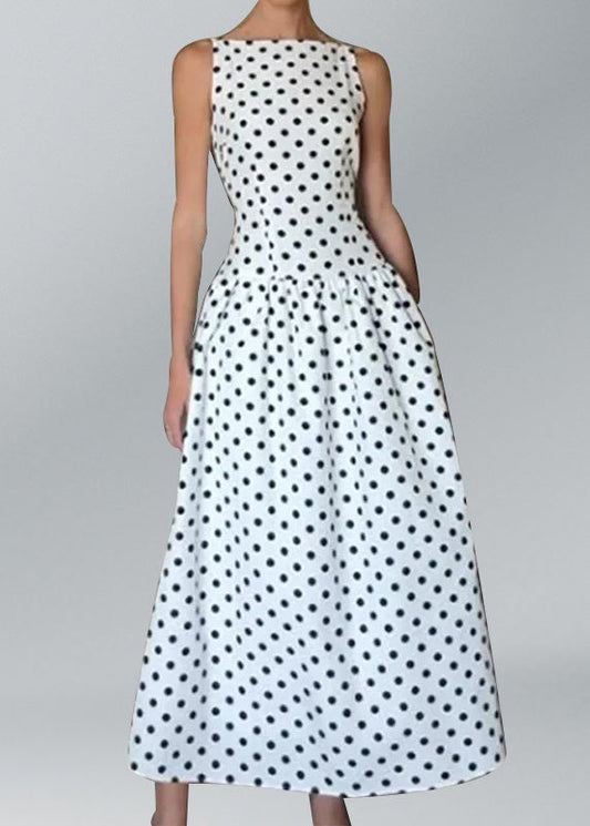 White O Neck Dot Print Cotton Long Dresses Sleeveless