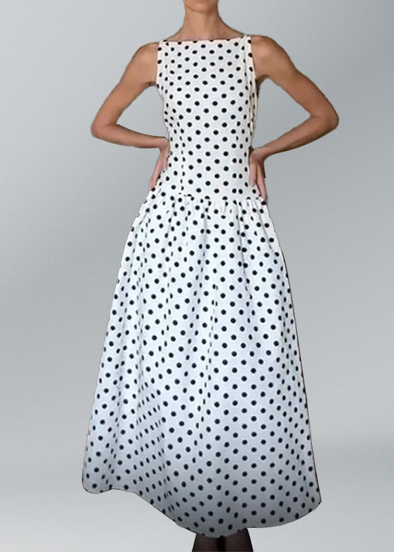 White O Neck Dot Print Cotton Long Dresses Sleeveless