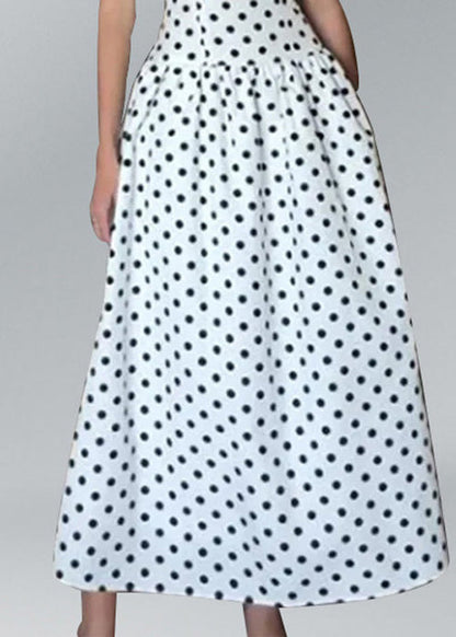 White O Neck Dot Print Cotton Long Dresses Sleeveless