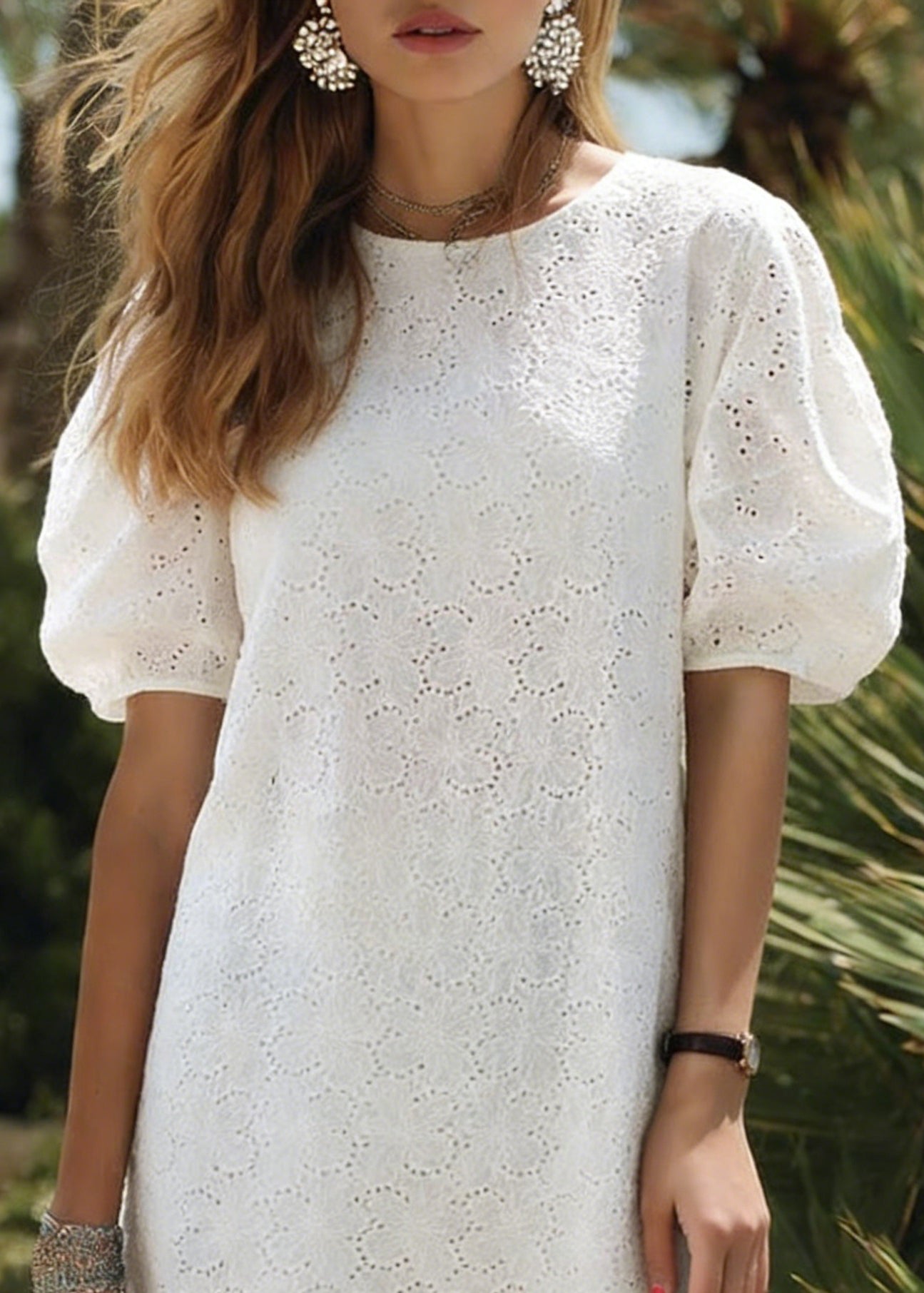 White O Neck Hollow Out Cotton Dress Puff Sleeve