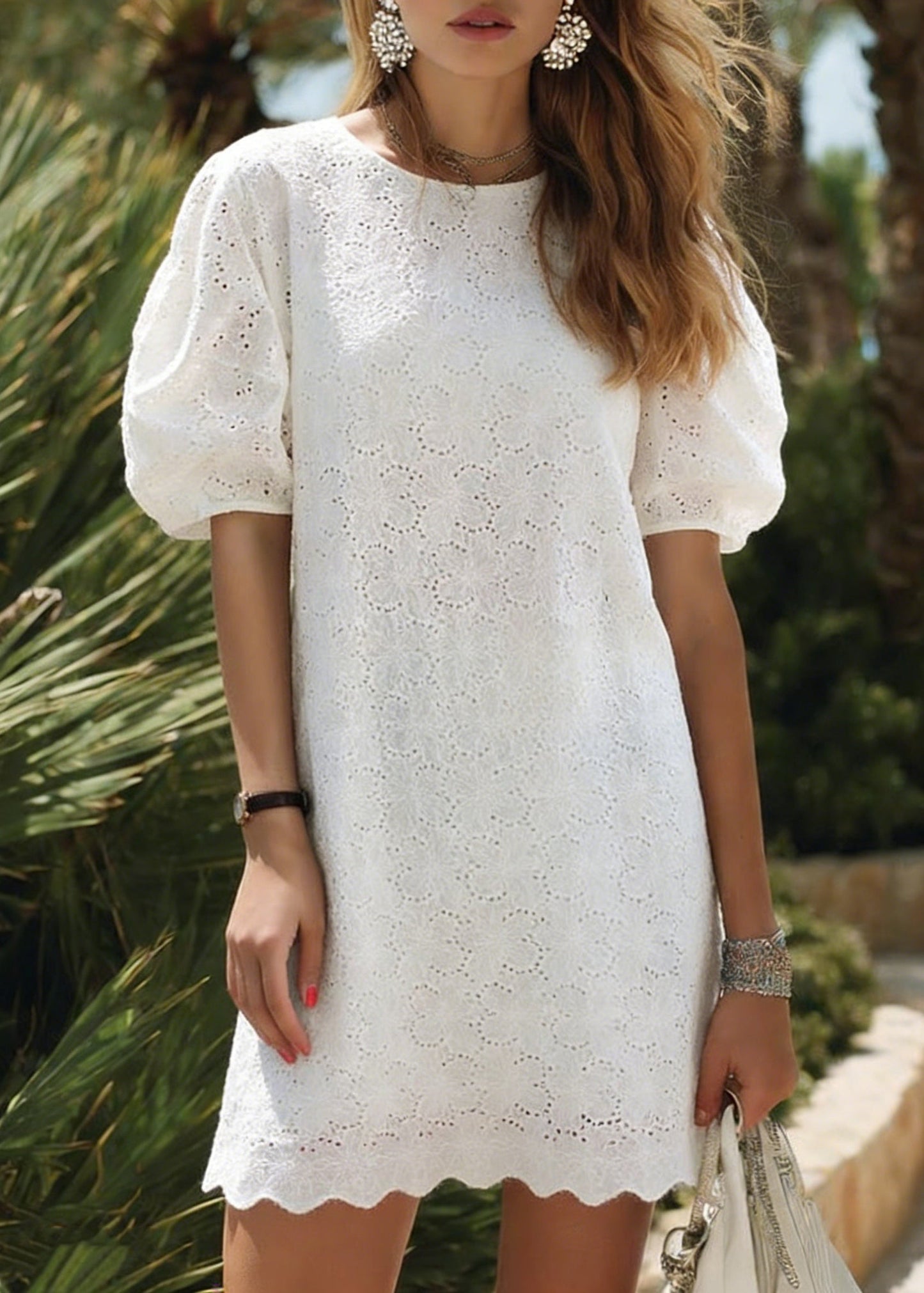 White O Neck Hollow Out Cotton Dress Puff Sleeve