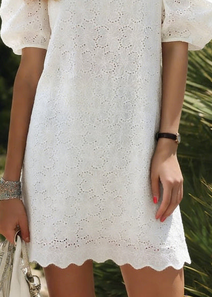 White O Neck Hollow Out Cotton Dress Puff Sleeve