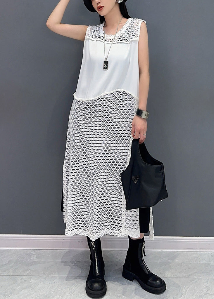 White O Neck Hollow Out Knit Dress Sleeveless