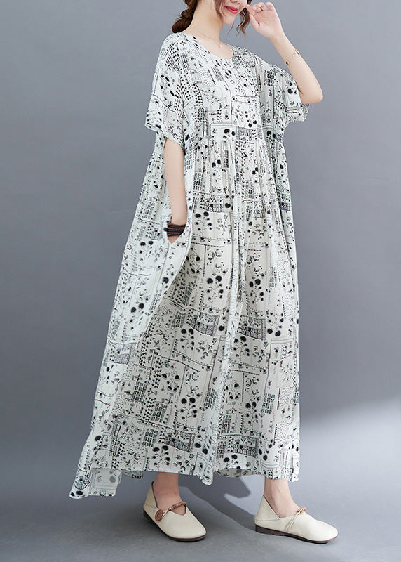 White O-neck Patchwork Wrinkled Party Maxi Dress Short Sleeve