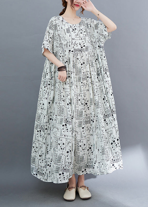 White O-neck Patchwork Wrinkled Party Maxi Dress Short Sleeve