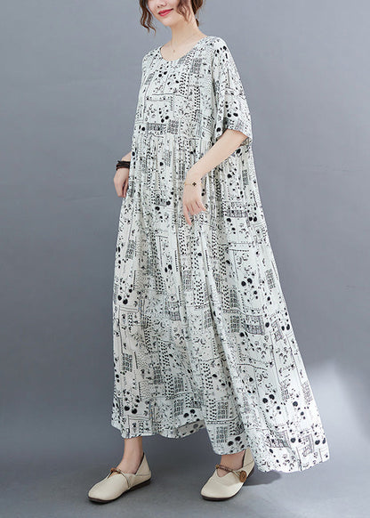 White O-neck Patchwork Wrinkled Party Maxi Dress Short Sleeve