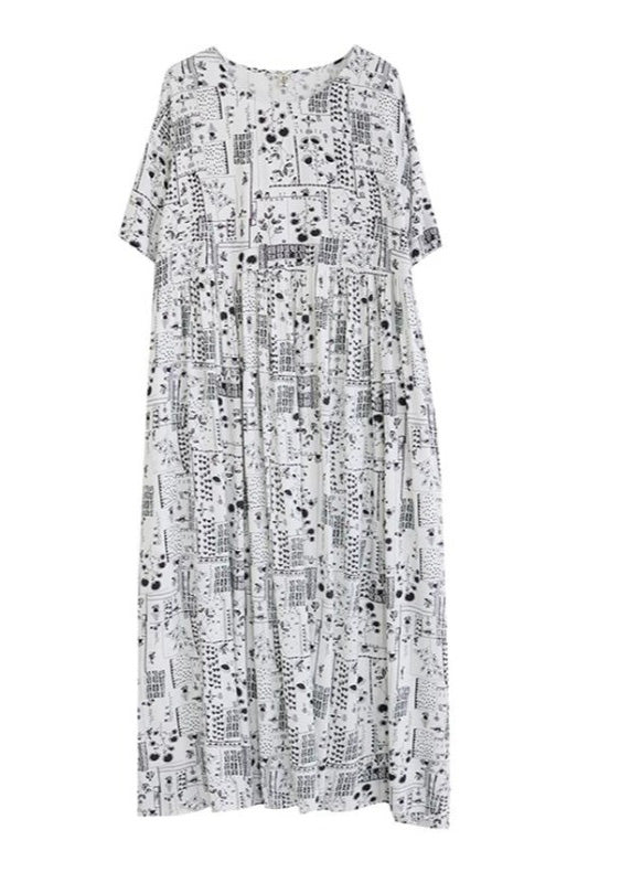 White O-neck Patchwork Wrinkled Party Maxi Dress Short Sleeve