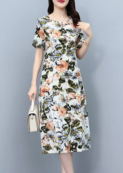 White O-neck Print Slim Silk Vacation Maxi Dresses Summer