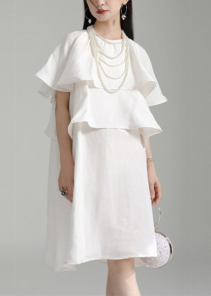 White O Neck Ruffled Patchwork Cotton Mid Dresses Summer