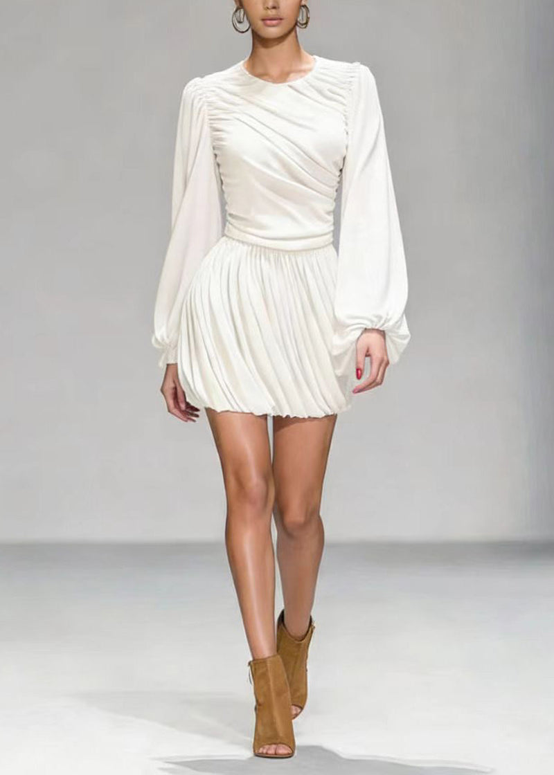 White O Neck Wrinkled Patchwork Mid Dress Lantern Sleeve