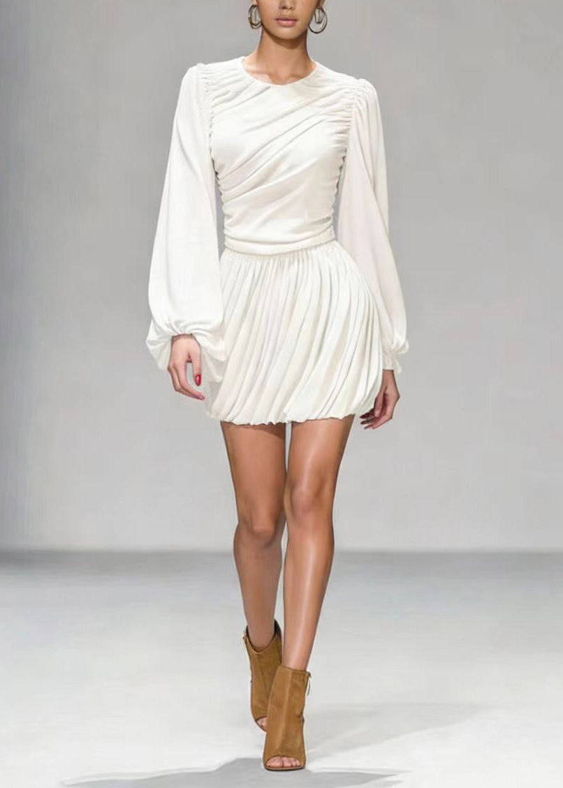 White O Neck Wrinkled Patchwork Mid Dress Lantern Sleeve
