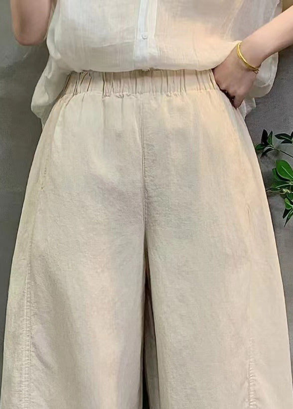 White Oversized Elastic Waist Linen Pants Summer