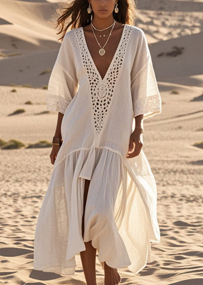 White Oversized Lace Patchwork Cotton Long Dresses Summer