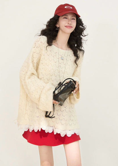 White Oversized Patchwork Knit Short Sweater Winter