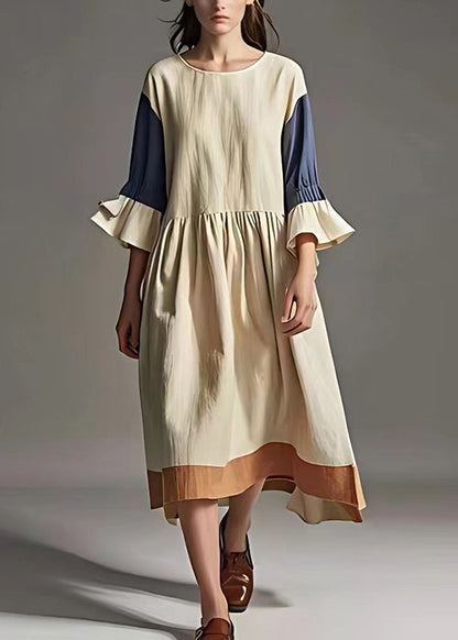 White Oversized Patchwork Linen Robe Dresses Flare Sleeve