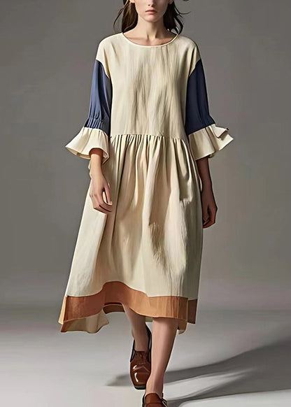 White Oversized Patchwork Linen Robe Dresses Flare Sleeve