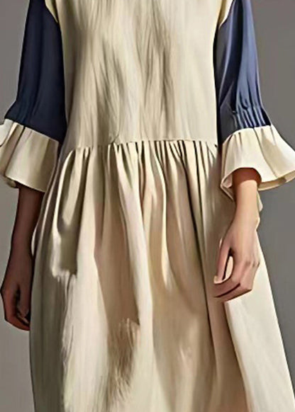White Oversized Patchwork Linen Robe Dresses Flare Sleeve