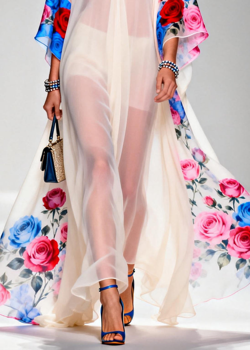 White Oversized Print Sheer Chiffon Maxi Dresses Summer