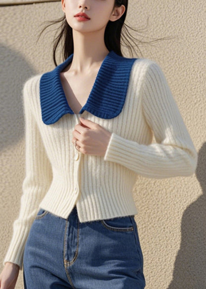 White Peter Pan Collar Button Cotton Knit Cardigan Spring