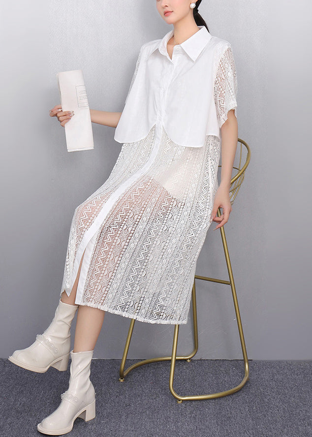 White Peter Pan Collar Patchwork Lace Shirt Dress Summer