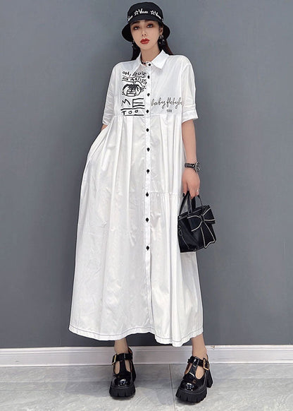 White Peter Pan Collar Print Wrinkled Cotton Party Shirt Dress Short Sleeve