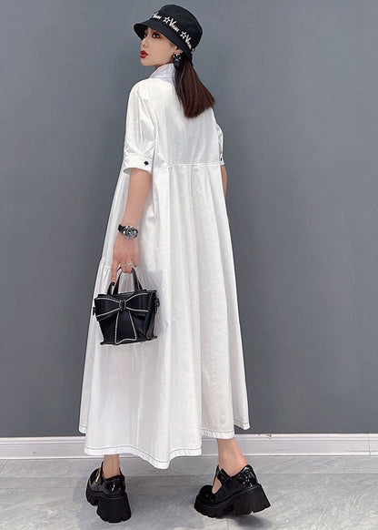 White Peter Pan Collar Print Wrinkled Cotton Party Shirt Dress Short Sleeve