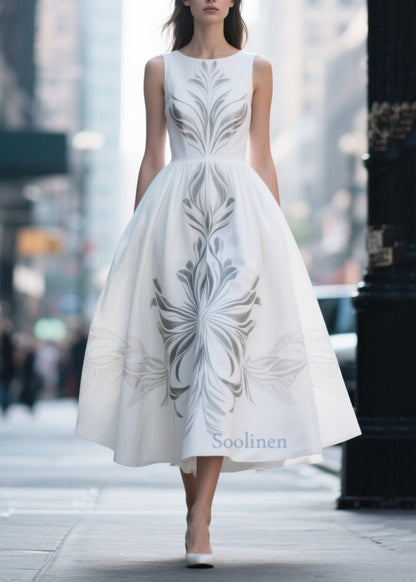 White Print Exra Large Hem Silk Cotton Dress Summer