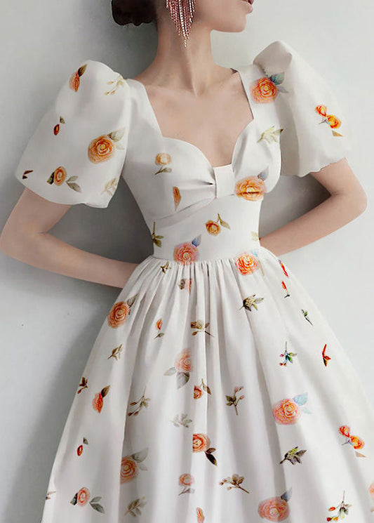 White Print High Waist Cotton Dresses Summer