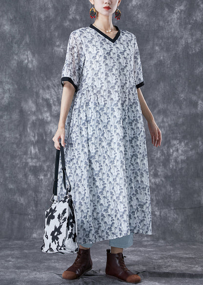 White Print Patchwork Pockets Cotton Long Dresses Summer
