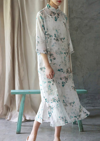 White Print Stand Collar Side Open Linen Cheongsam Dress Summer