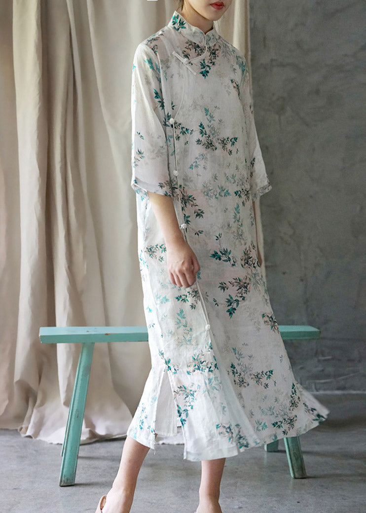 White Print Stand Collar Side Open Linen Cheongsam Dress Summer