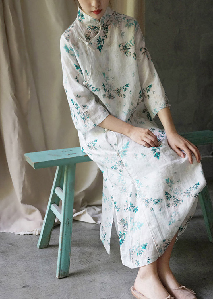 White Print Stand Collar Side Open Linen Cheongsam Dress Summer