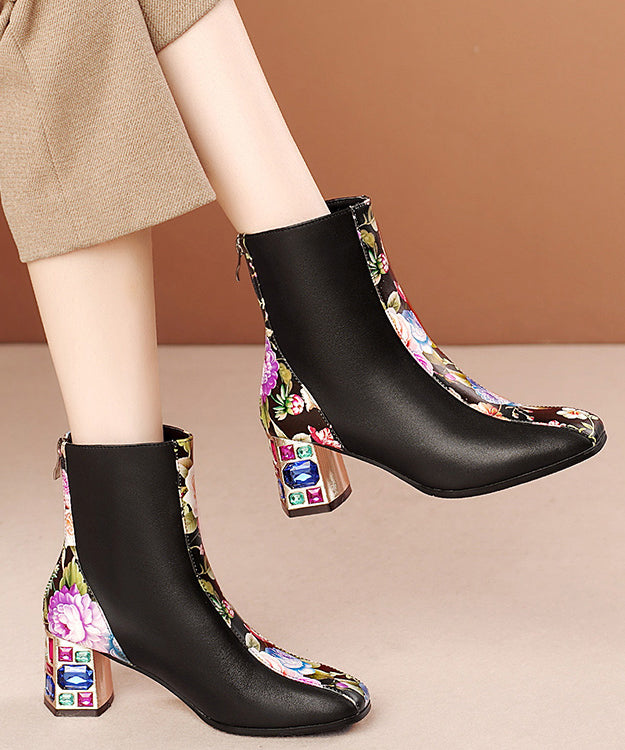 White Print Zircon Cowhide Leather Chunky Boots