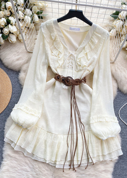 White Ruffled Lace Up Cotton Mid Dress Long Sleeve