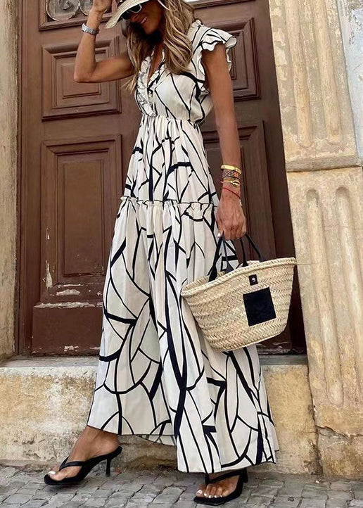 White Ruffled Print Cotton Long Dresses Summer