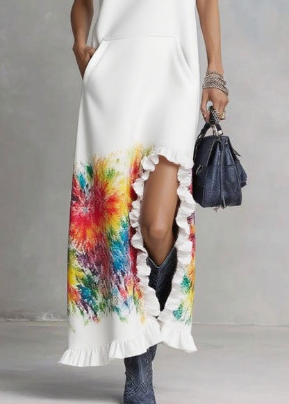 White Ruffled Print Drawstring Vacation Hooded Dresses Summer